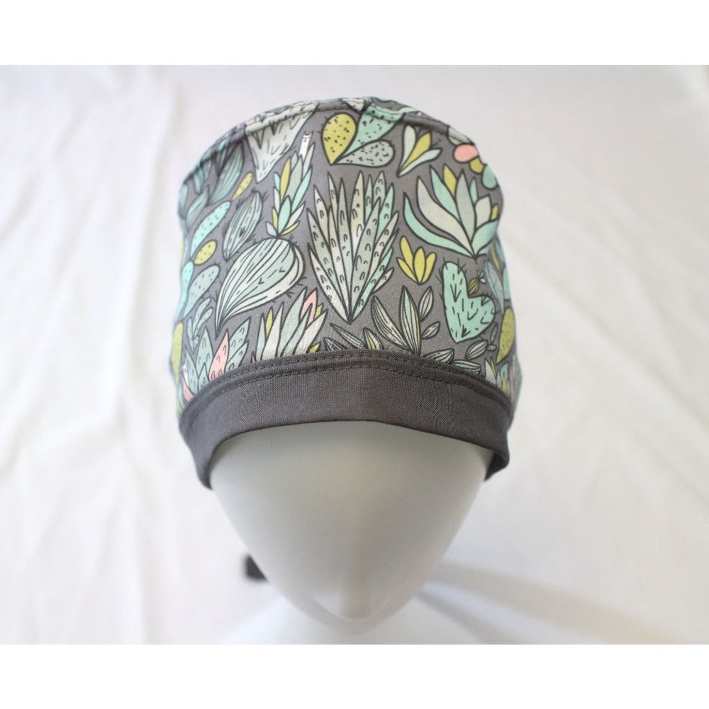 Gray Cacti Succulents & Cats Surgical Scrub Cap Chemo Hat